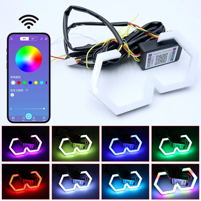 Multi-Color LED Angel Eyes Halo Ring, DRL Headlight, Hexagonal Rhombus Flowing Pattern, 12V, Car, Auto Moto, Motorcycle Refit, 2