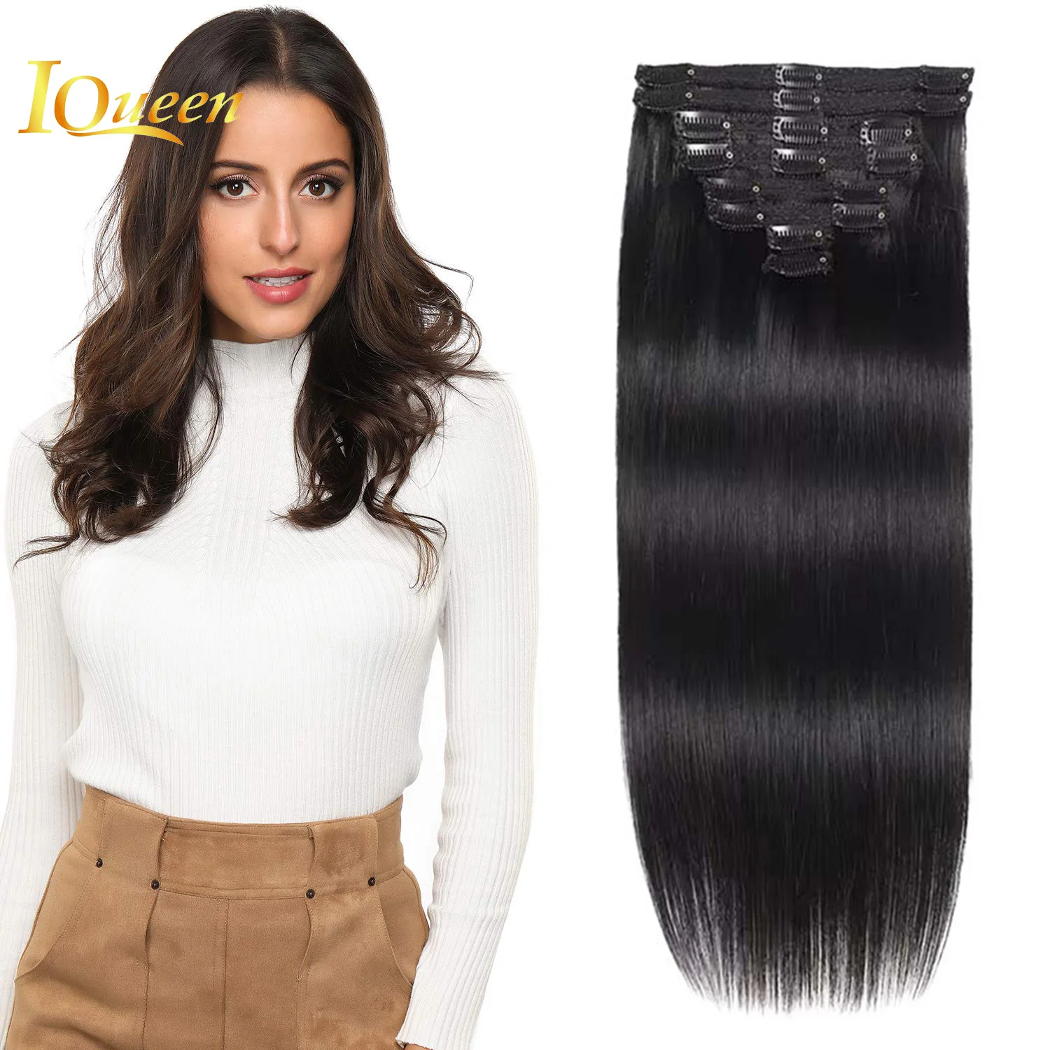 

Clip In Jet Black Straight Hair Extensions 8pcs Double Weft 100% Real Human Hair 18 Inch Natural Hair for Woman 120g/Set