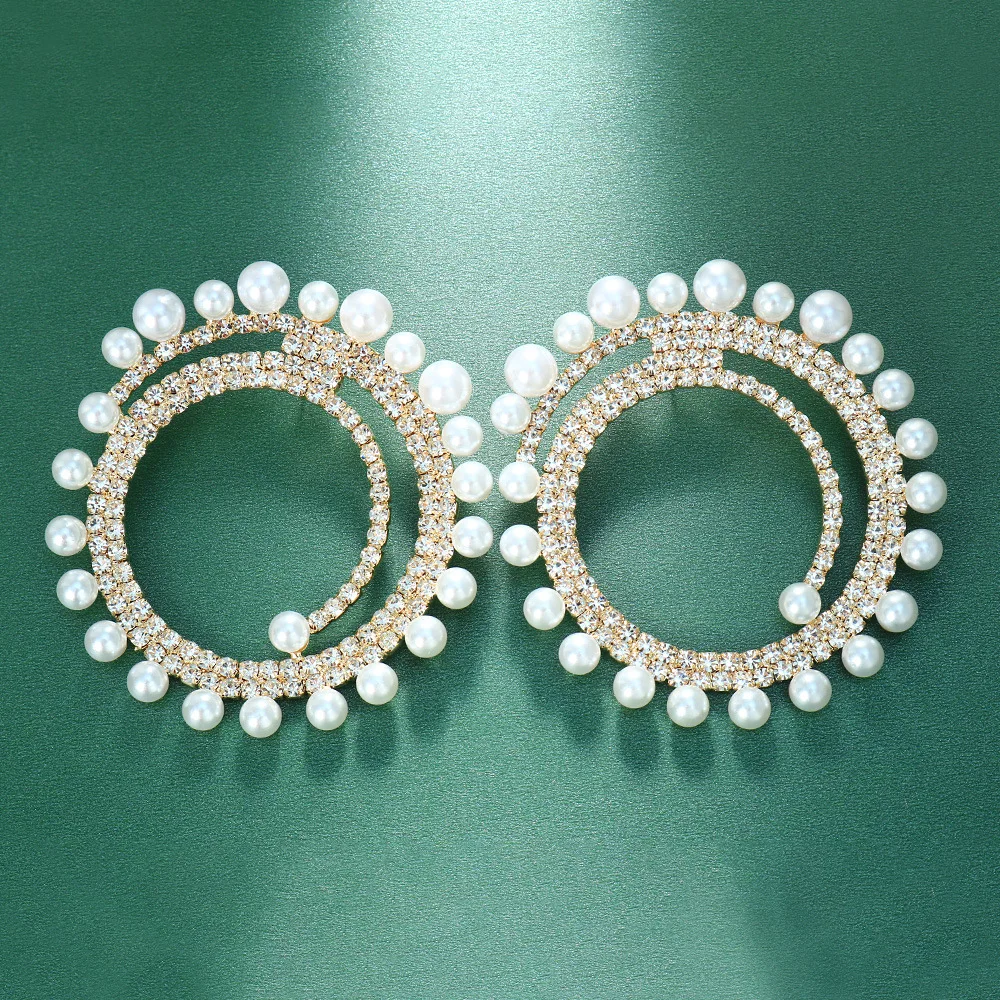 Stonefans Exaggerated Pearl Double Hoop Earrings for Women Rhinestone Big Stud Earring Drag Queen Jewelry