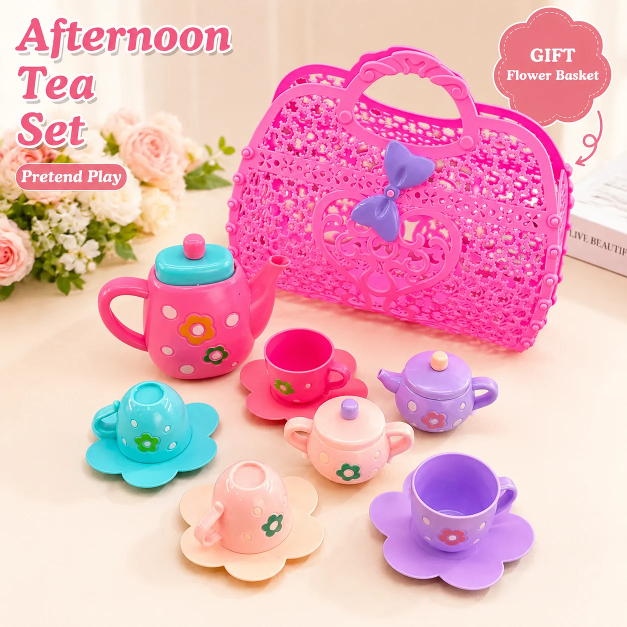 Pretend Play Tea Set Toy with Portable Basket DIY Educational Role Play Game Kitchen Set Gift for Kids Boys Girls