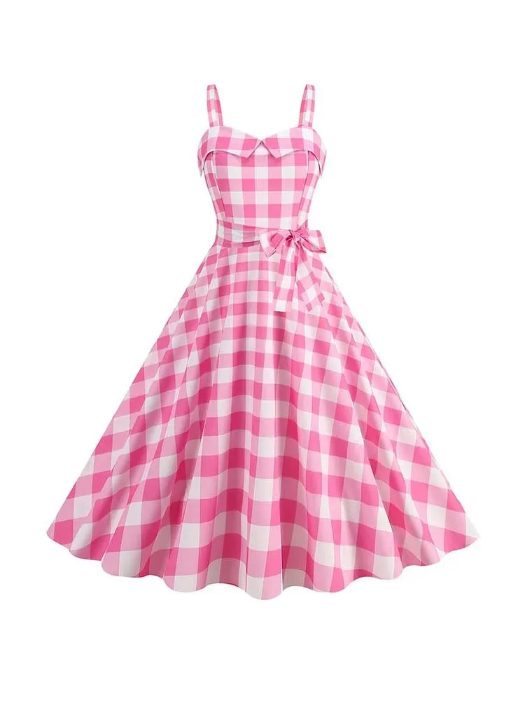Spaghetti Strap Pink Plaid Dress Women Summer Elegant Vintage 50s Rockabilly Swing Party Dress — zdjęcie 2