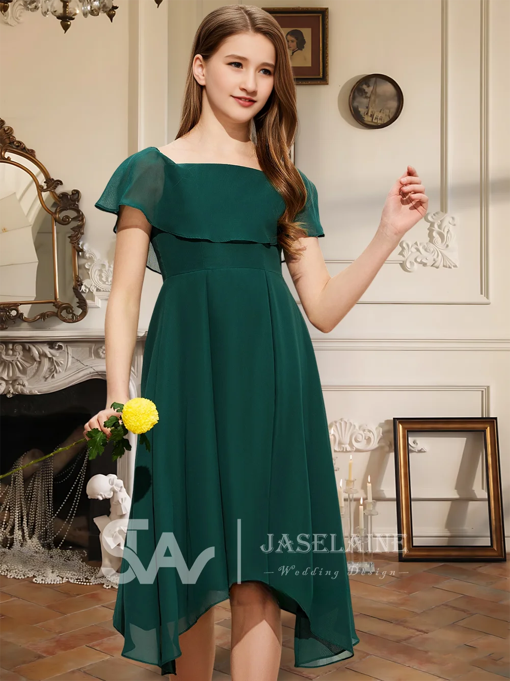 Темно-синее платье трапециевидной формы для подружек невесты, платье с цветочным узором для девочек, с развевающимися рукавами и бантом, шифоновое платье длиной до колена, свадебное торжественное платье для девочек