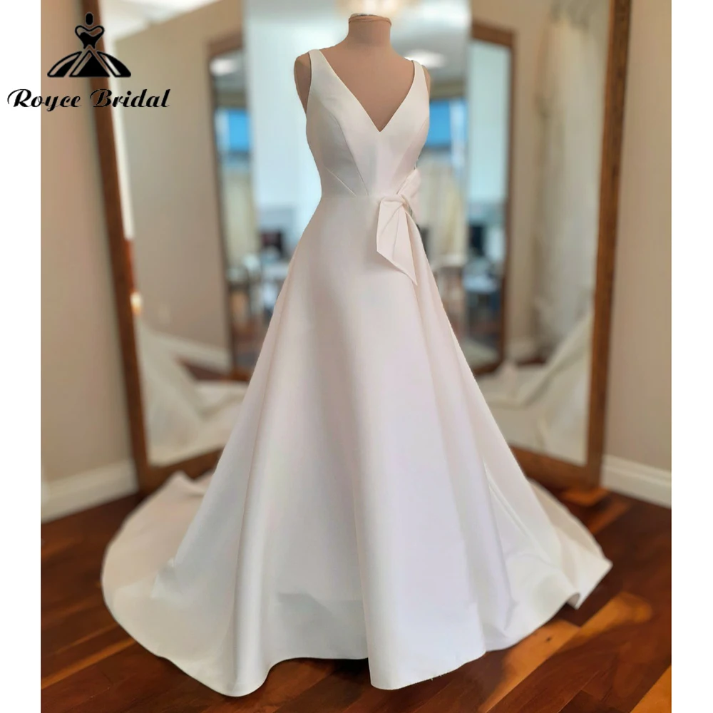 

Simple V Neck Spaghetti Straps Back Button Bow Satin A Line Wedding Dress For Women Bridal Gown vestidos de novia robe de mariée