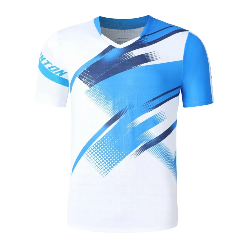 Uniformes masculinos e femininos de badminton, camiseta de manga curta com logotipo estampado, roupas esportivas de malha grande, branco, azul