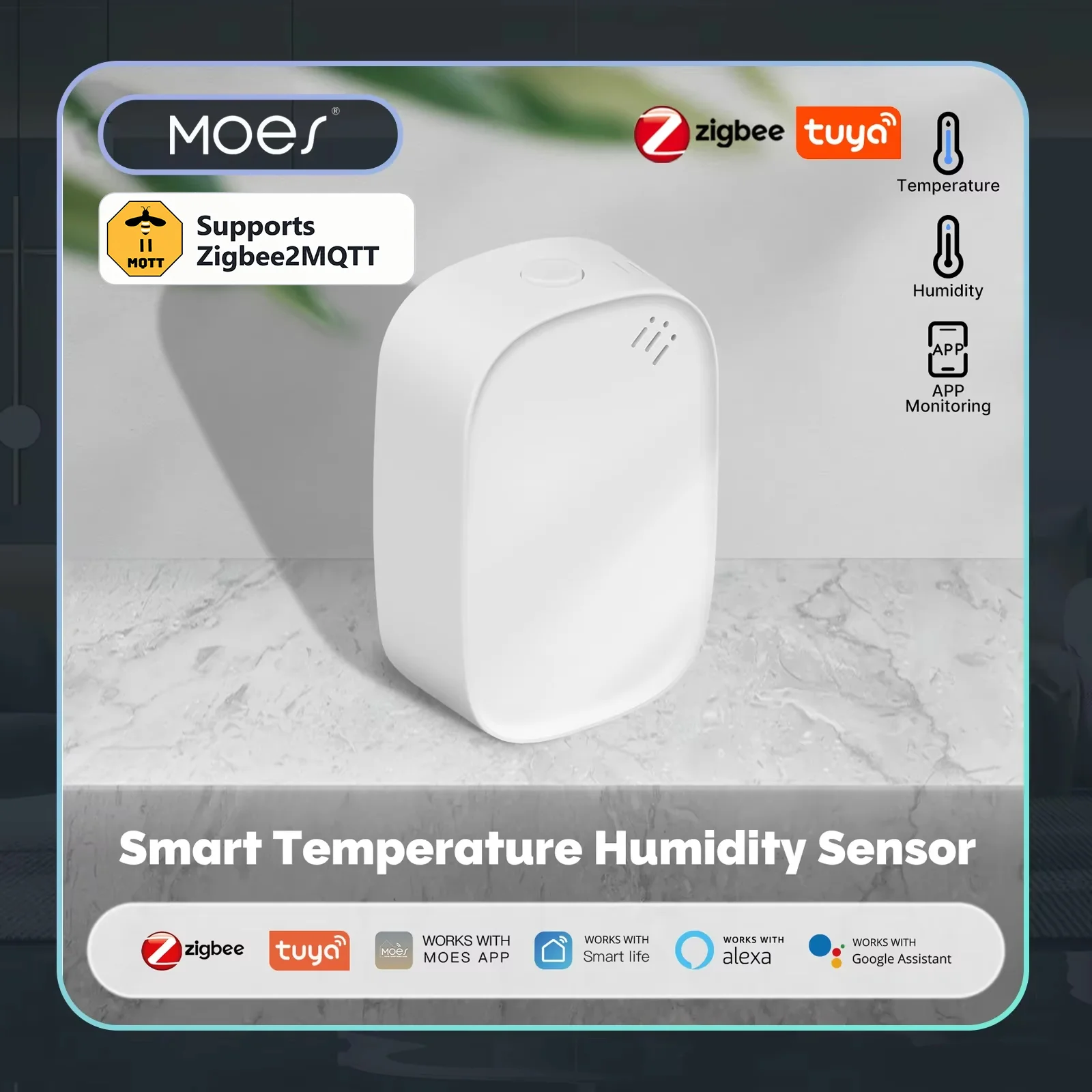 MOES Tuya Zigbee2MQTT Smart Temperature Humidity Sensor Indoor Hygrometer APP Monitoring Alexa Google Home Battery Powered