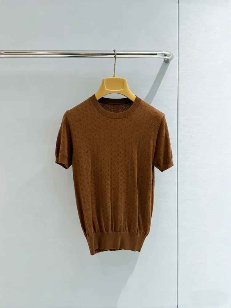 

Summer Women's Short Sleeved Knitted Sweater With Round Neck Letter Printed Hollow T-shirt