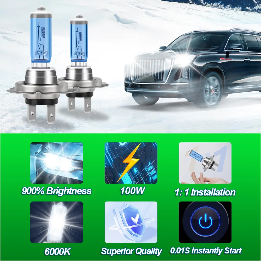 2/4pcs H7 Halogen Bulbs Canbus Super Bright 12V 100W White 6000K Auto Headlamps For Car Motorcycle Halogen Lights Plug And Play