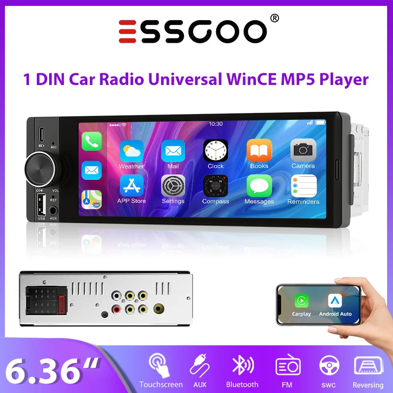ESSGOO 6,36 Zoll Single 1 DIN Universal-Autoradio WinCE MP5-Player Kabelloses Carplay Android Auto USB/Type-C FM Freisprecheinrichtung Lenkradsteuerung Touchscreen Bluetooth-Panel-Drehknopf