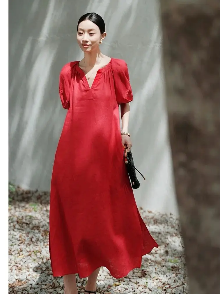

Women's solid color pure linen short sleeve loose silhouette dress