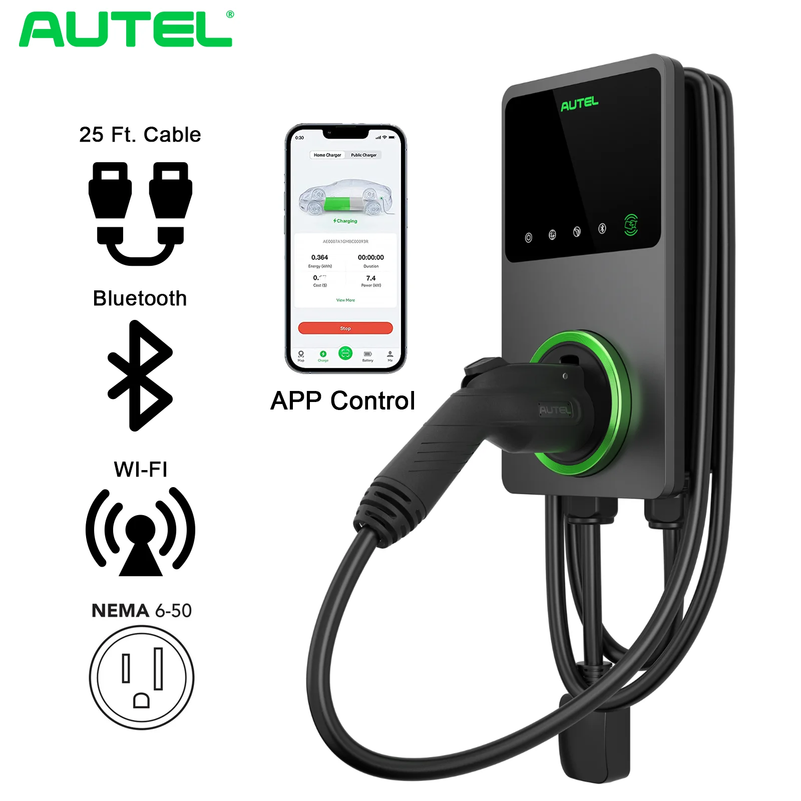 Autel 9.6KW RFID APP Contorl 40A 240V 25ft Cable EV Charger Level 2 for Home Type 1 Charging Station NAME 6-50 Plug US Version