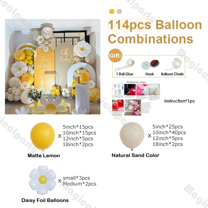 114pcs Lemon Yellow and Sand White Latex Balloon Set with Daisy Aluminum Film Balloons Girl's Birthday Party Decoration