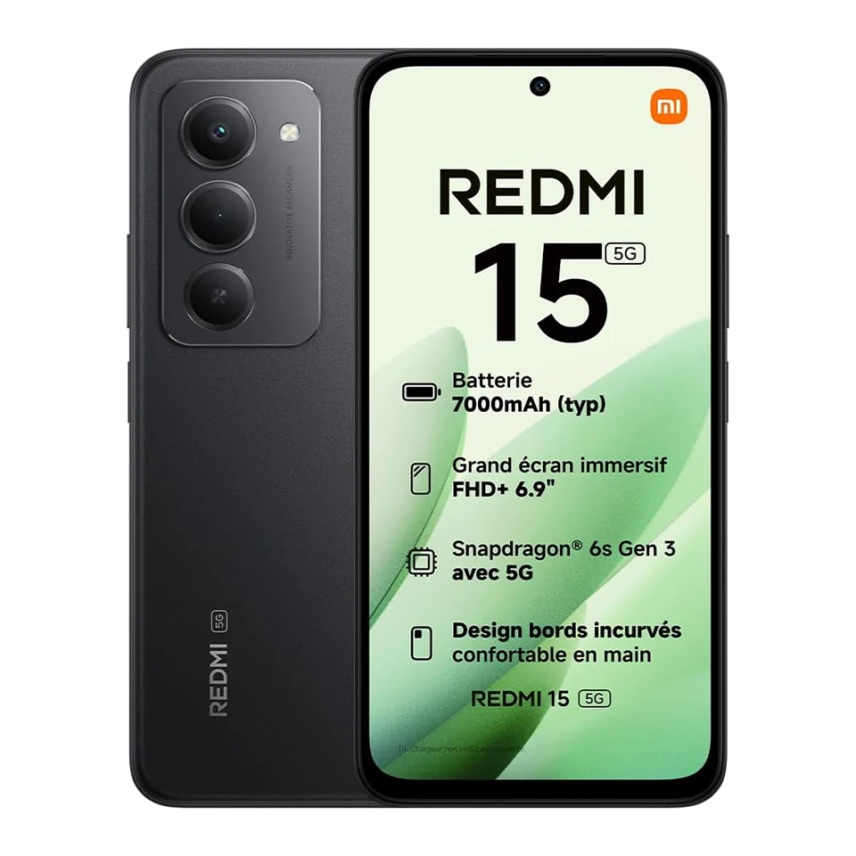 Version européenne du smartphone Xiaomi Redmi 15 5G Snapdragon ®   Téléphone portable 6s Gen 3 avec écran 6,9 pouces 144 Hz, appareil photo IA 50 MP, batterie 7000 mAh, NFC