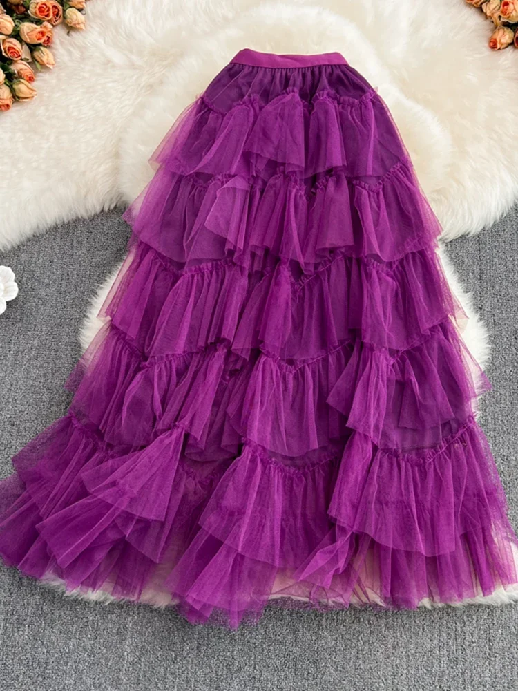 Tutu Tulle Long Skirts Womens 2024 Spring Korean Solid A Line High Waist Mesh Tiered Maxi Skirt Female Faldas Aesthetic — zdjęcie 2