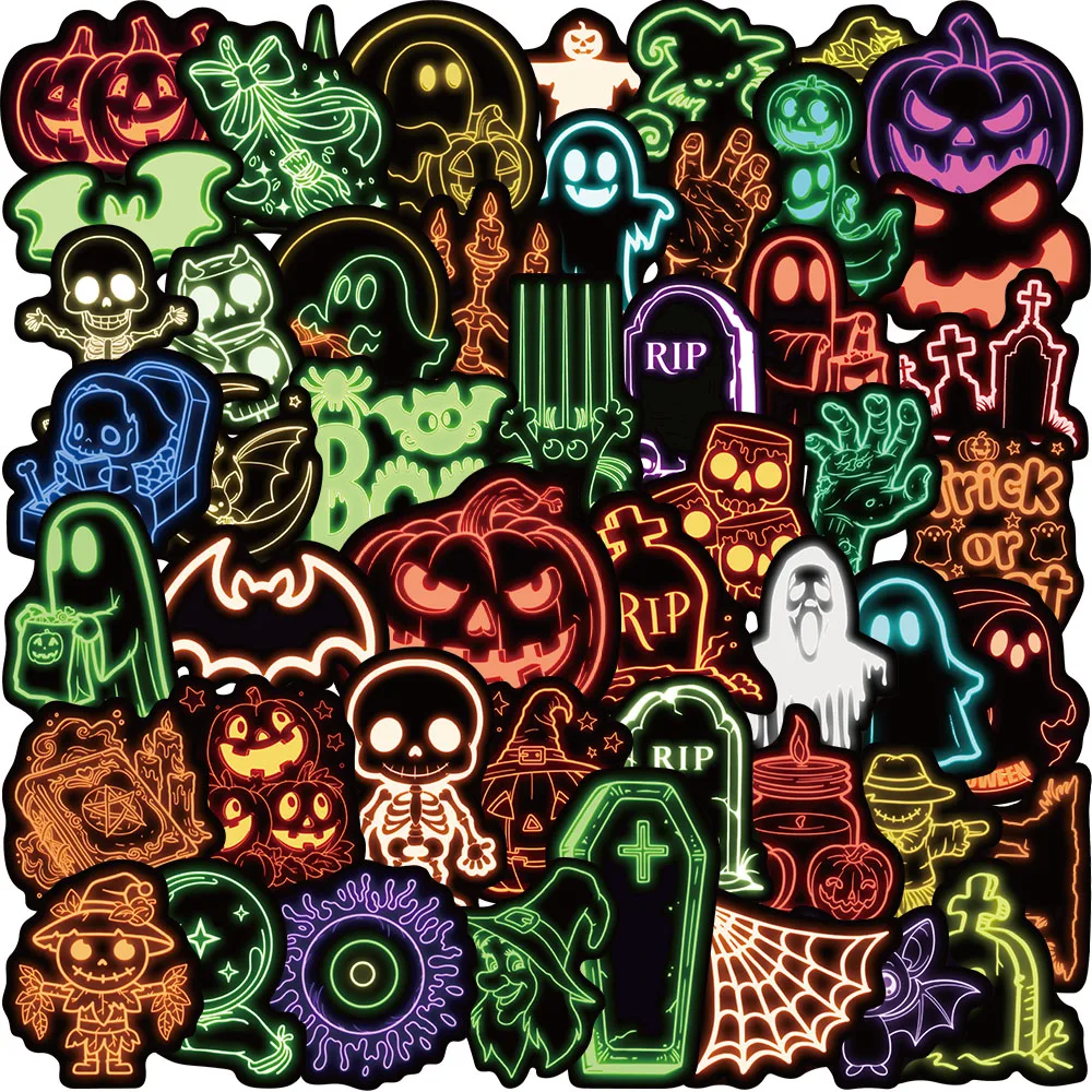 50 قطعة من ملصقات الكتابة على الجدران النيون للهالوين لتزيين الكمبيوتر المحمول والأمتعة وحقيبة الهاتف وزجاجة المياه وملصقات الجيتار المقاومة للماء #1