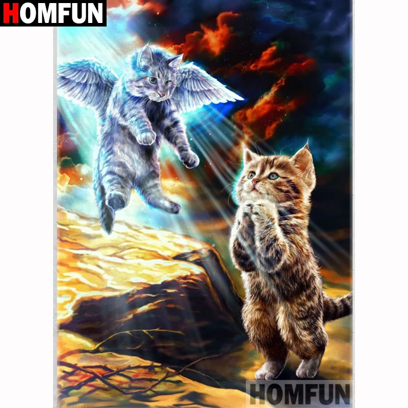 HOMFUN Diamant-Stickerei, DIY-Diamant-Gemälde, Kreuzstich-Set „Tierkatzen“, 5D-Handarbeit, Diamant-Heimdekoration