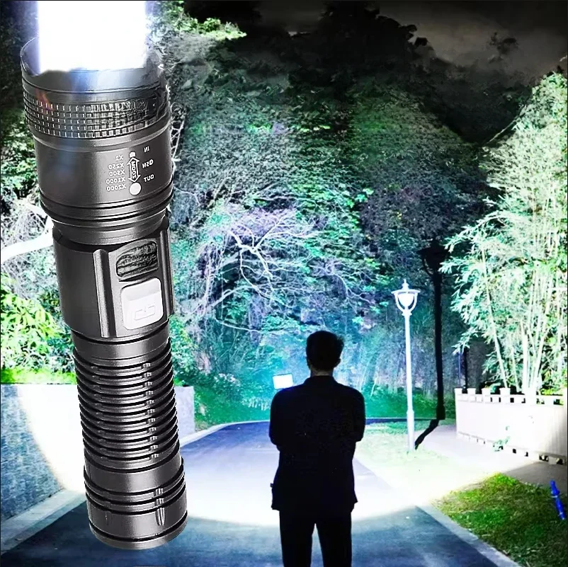Lanterna LED recarregável USB super brilhante, longo alcance, tocha tática, ao ar livre,