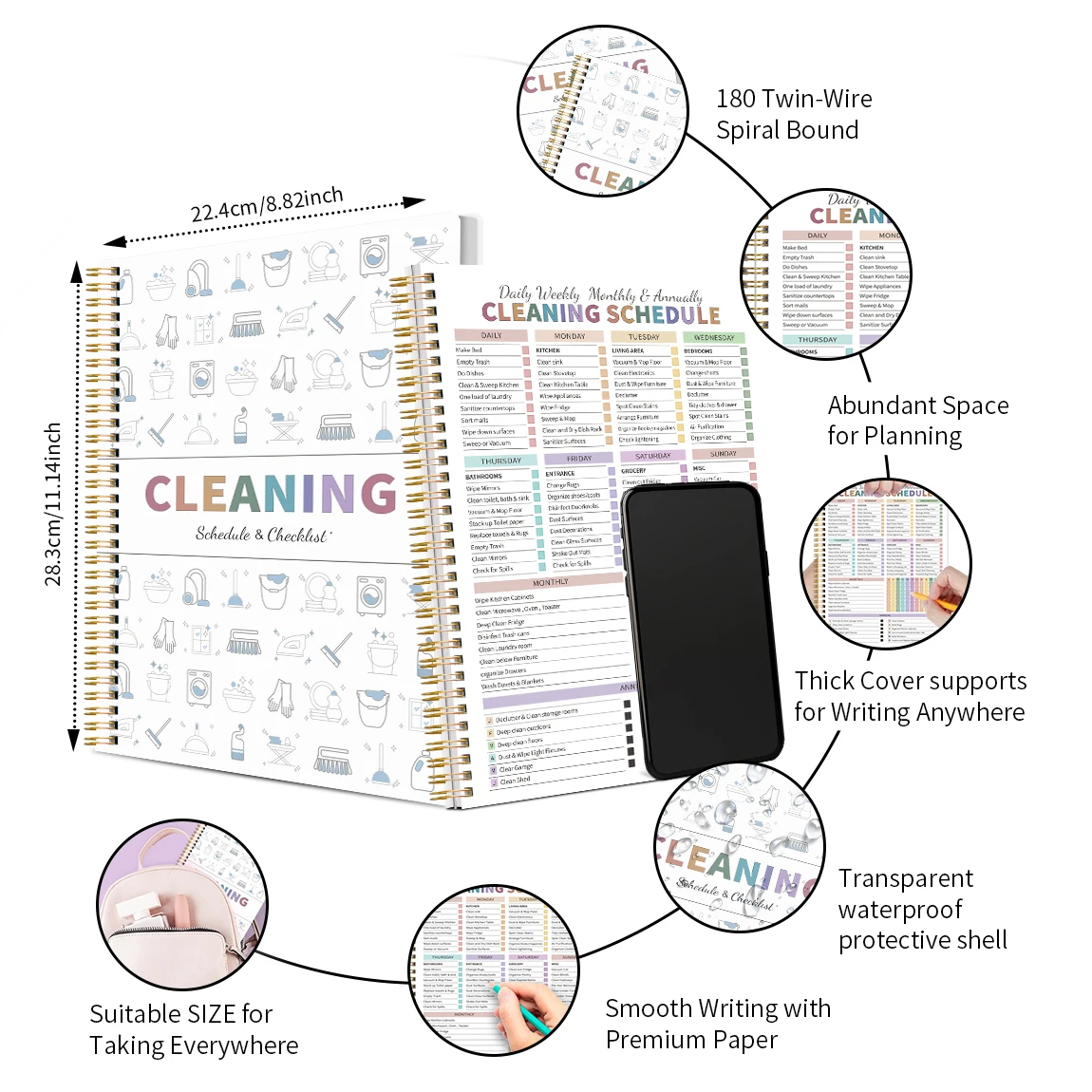 مخطط جدول التنظيف ADHD | منظم التدبير المنزلي اليومي الأسبوعي والشهري | كتاب قائمة المهام المنزلية | دفتر تنظيف حلزوني مقاس A5