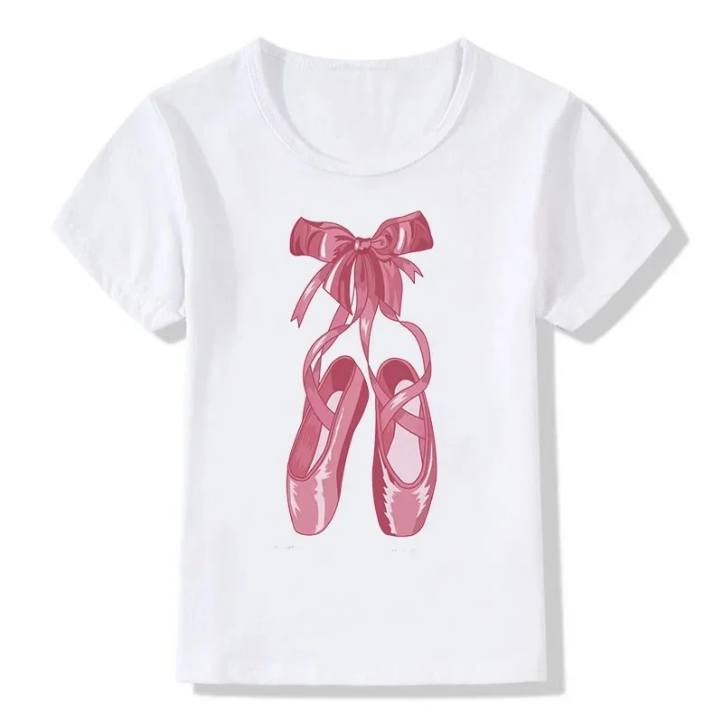 Ładne buty baletowe Bowknot drukuj dziewczyny T Shirt Harajuku luźna koszulka dla dziewczynki 2-12 lat ubrania dla dzieci dziecko topy z krótkim rękawem — zdjęcie 2