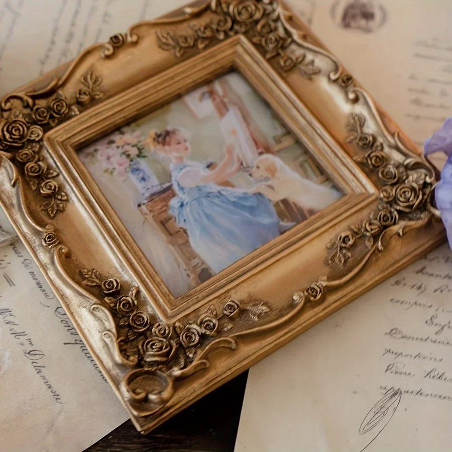 Vintage 4inch Golden Picture Frame Antique Ornate Photo Frame Tabletop and Wall Hanging for Home Décor,Retro Photo Gallery, Ol