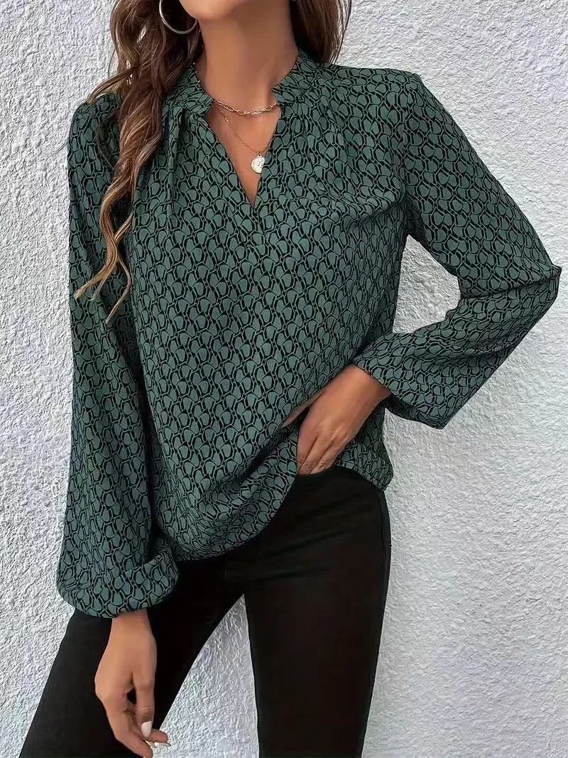 plus Size Women's Fashion Geometric Print Casual Versatile V-Neck Long Sleeve Top