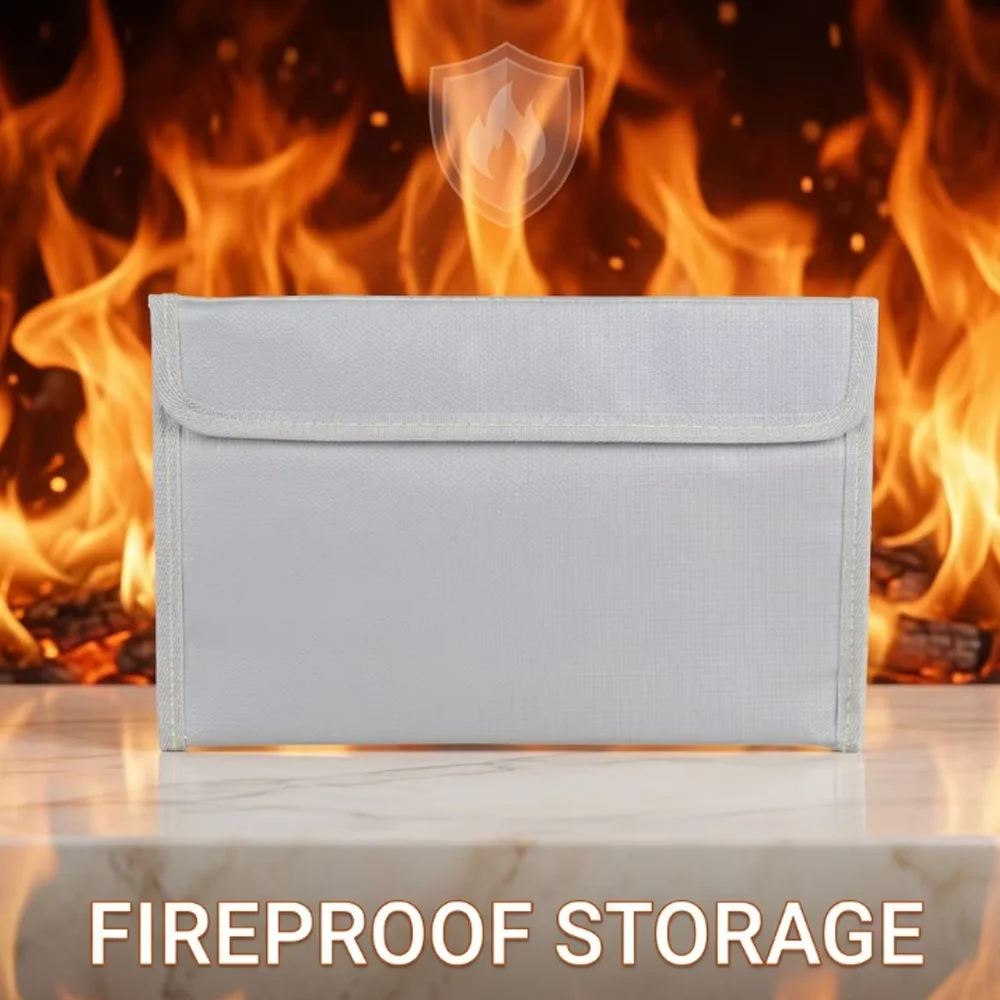 25 x 16 cm Silver Zipper Fireproof Storage Bag ID Card Holder Suitable for Home, Office, School, Business Travel, Clutch Bag