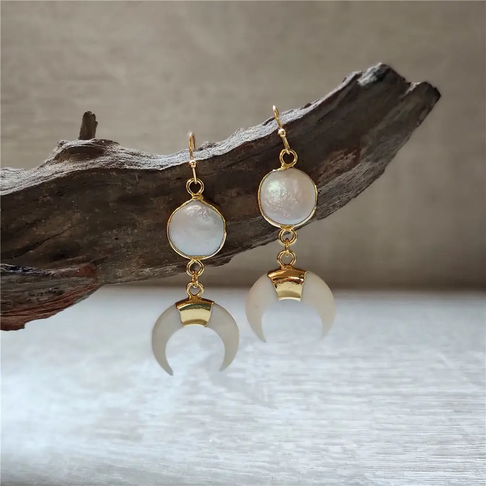 FUWO Wholesale Pearl Shell Crescent Earrings,Golden Plated Horn Dangle Dangle Earring Jewelry For Women 5Pairs/Lot ER522