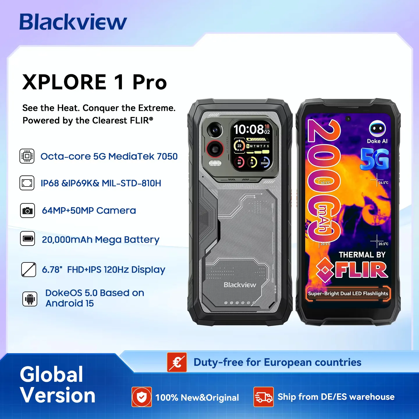 Blackview XPLORE 1 Pro 5G Wytrzymały telefon z termowizją, ekranem głównym 6,78 cala 120 Hz i ekranem pomocniczym 2,01 cala, bateria 20000 mAh i latarka 170 lm