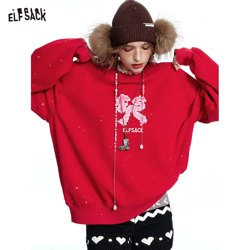 

ELFSACK 2024 Winter New Arrivals Bow print with velvet sweatshirt for women