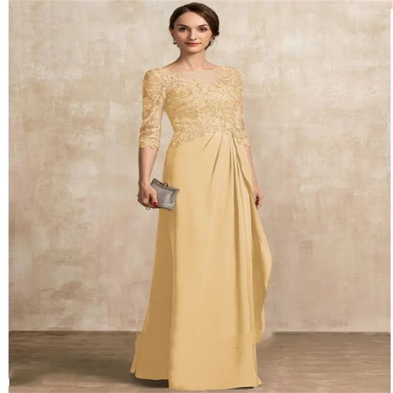 Vintage champage a line colher pescoço chão-comprimento chiffon renda mãe da noiva vestido com miçangas em cascata babados