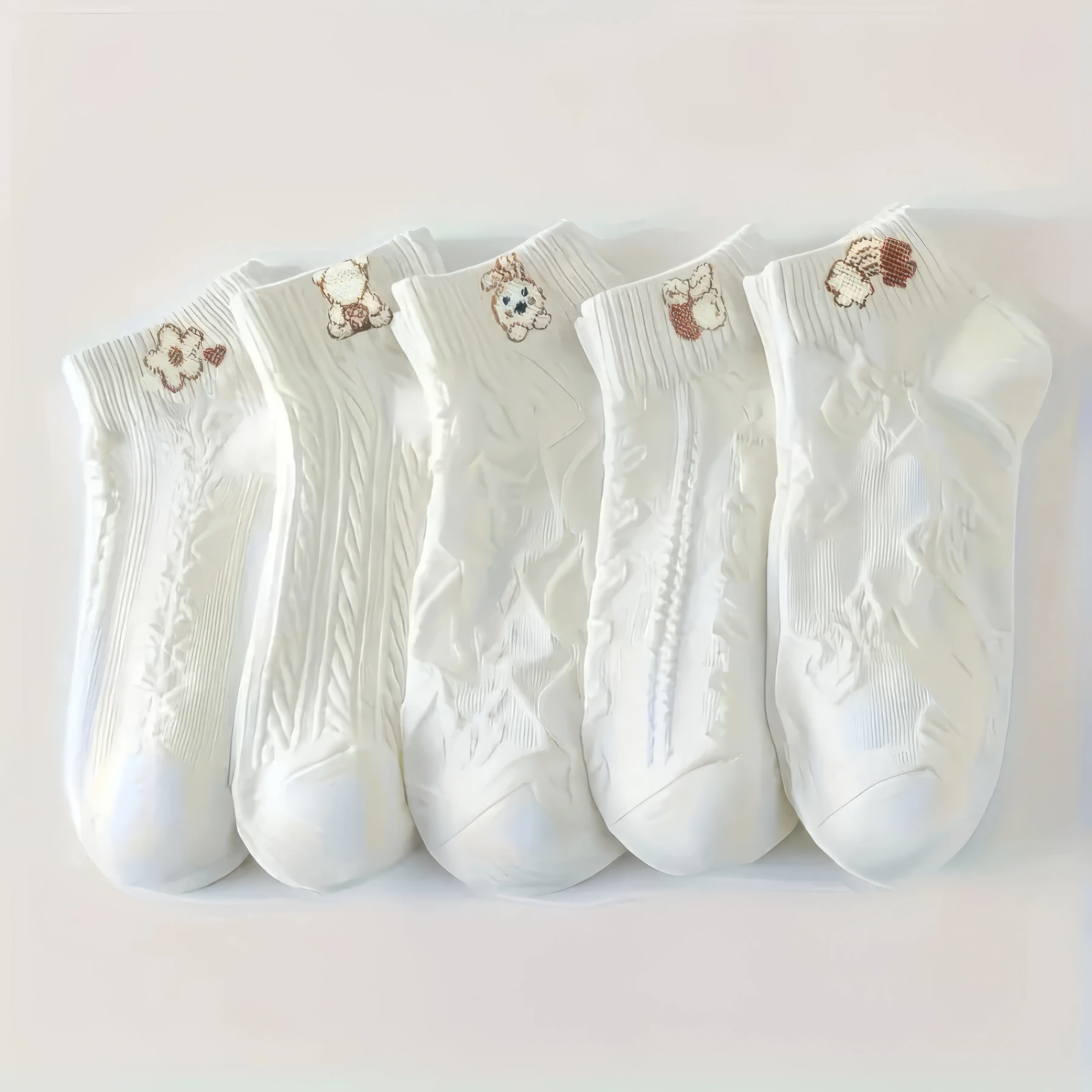 5 Pairs White Socks with Cartoon Emoji Patterns - Soft Smooth Ribbed, Playful Expressions for Daily Style Accessory