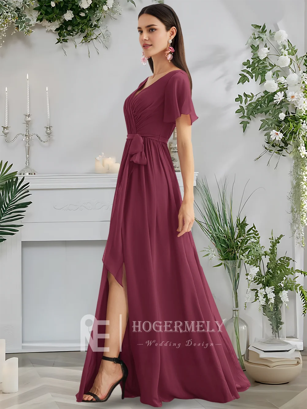 

A Mulberry 2025 Elegant V-Neck Short Sleeve A-Line Floor-Length Chiffon Bridesmaid Dresses With Faux Wrap Wedding Party Evening