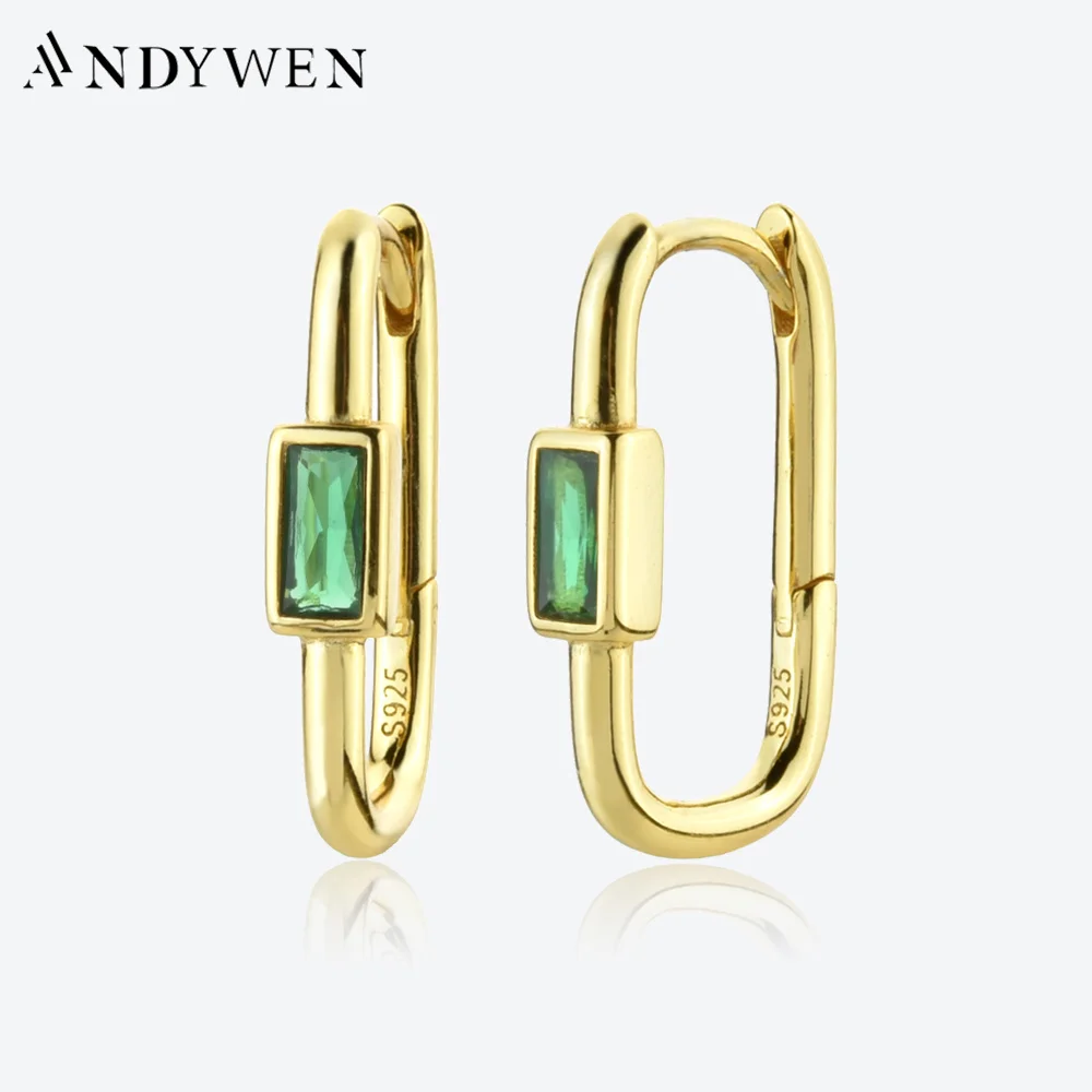 

ANDYWEN New 925 Sterling Silver Gold Square Clear Green Black Hoops Clips Piercing Pendiente Women Luxury Jewelry Party Luxury