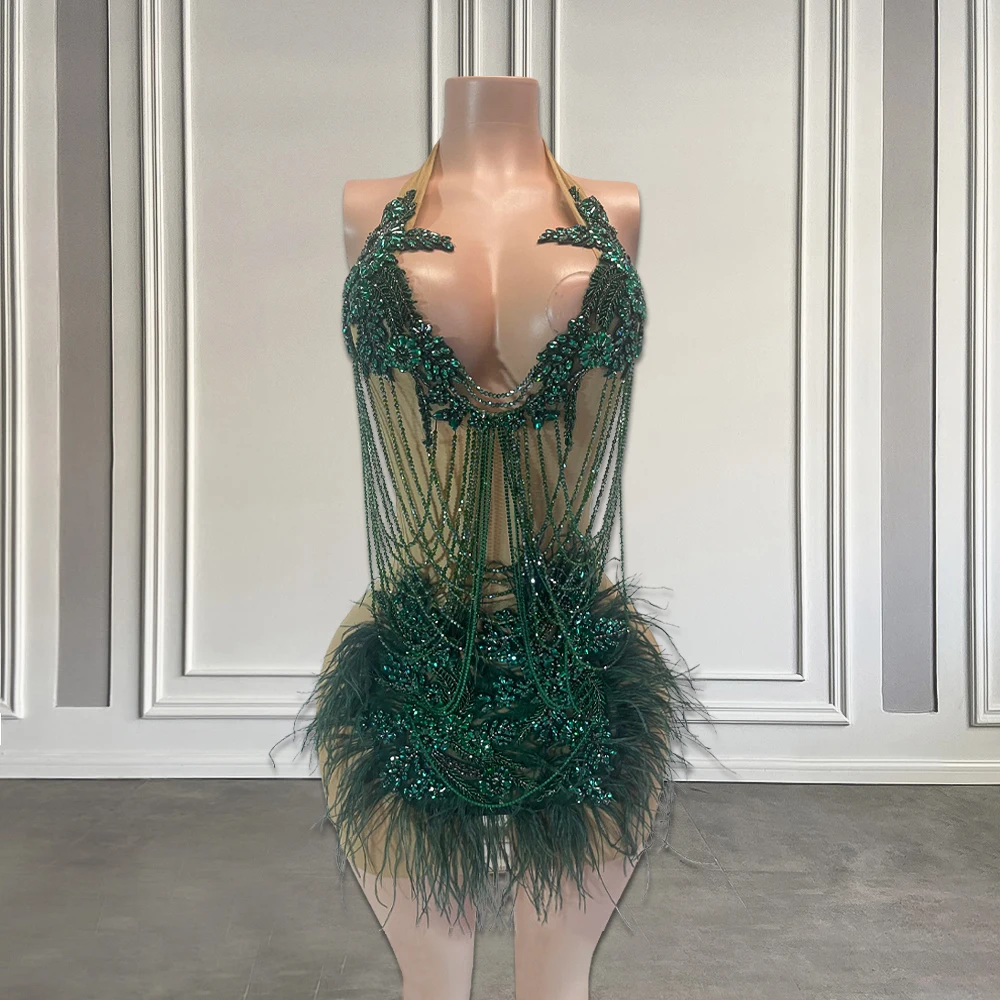 Luxury Beaded Tassels Short Formal Prom Party Dress 2024 Sexy Halter Black/Green Feathers African Women Birthday Cocktail Gowns