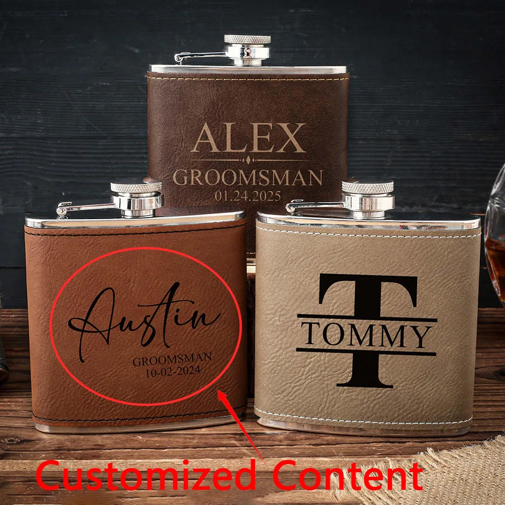 Personalized Initial Leather Wrapped Hip Flask Custom Engraved Stainless Steel Liquor Flask Birthday Anniversary Gift for Him.