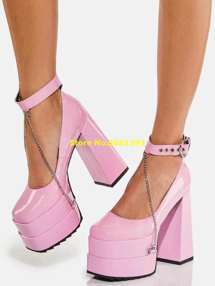 

Sweet heart Platform Heels Pink Patent Leather Block Heel Square Toe Silver Chain Decor Ankle Buckle Strap Pumps Solid