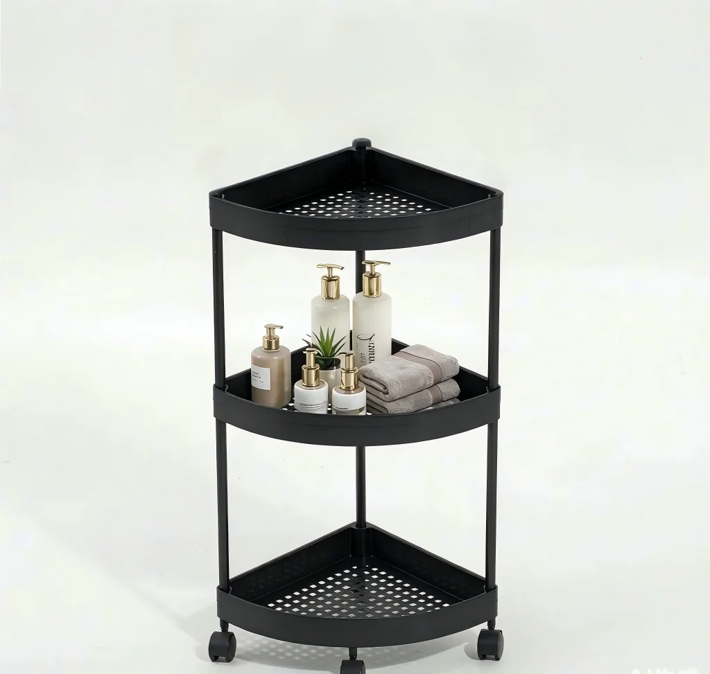 3-laags hoekrek met wielen, opbergwagen voor de badkamer, hoekorganizer voor de keuken, hal of andere ruimte, ruimtebesparend plastic rek met draaiende wielen.