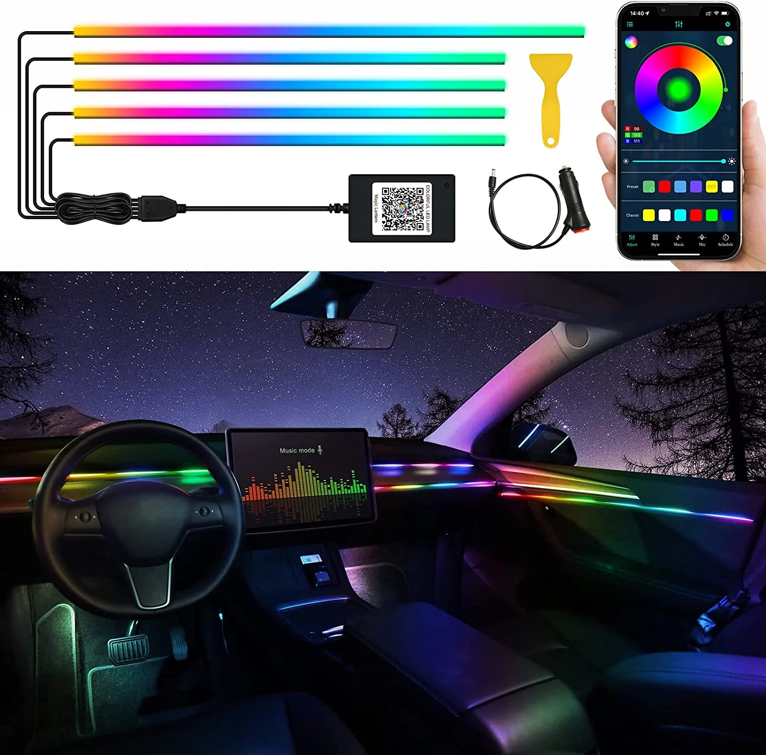 

18/22 in 1 Led Car Ambient Lights Neon Lighting kit Acrylic Strip light Car Led Light Interior Atmosphere Lights Decoration Lamp