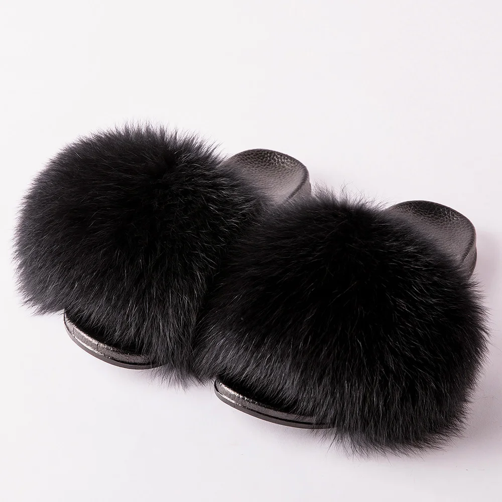 MPPM Real Fox Fur Slides for Women Luxury Designer Sandals On Summer Furry Slippers Flip Flops Shoes Plus Size Shoes