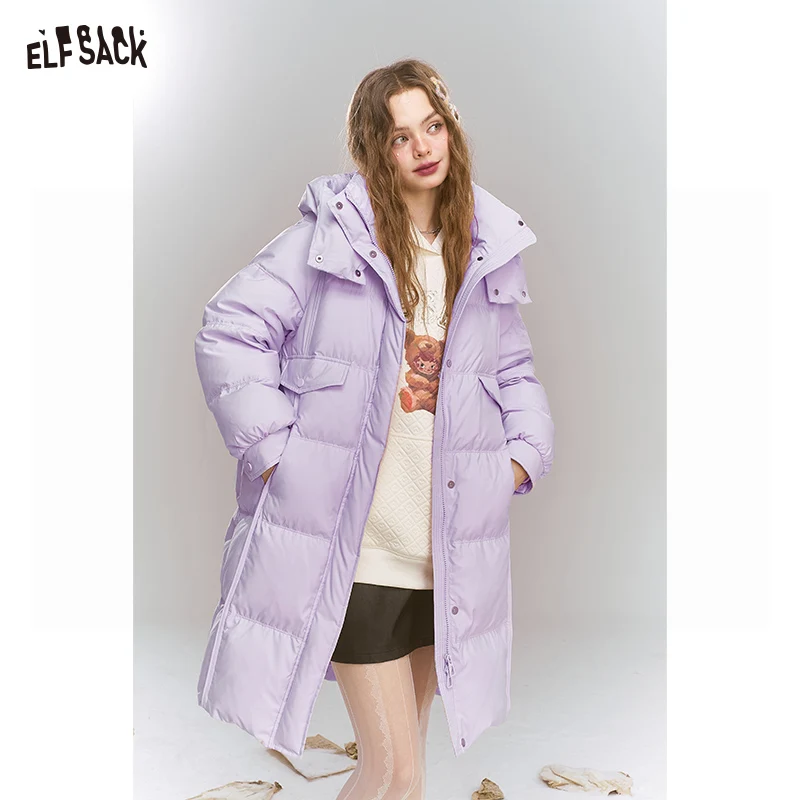 ELFSACK 2024 Winter New Arrivals Sweet Preppy style hooded down jacket for women long warm thick coat