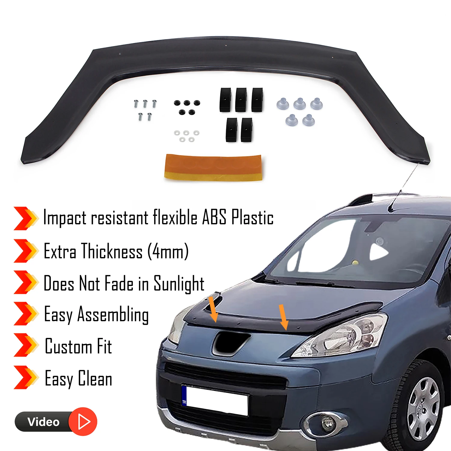 Hood Deflector Guard for Peugeot Partner (2009-2015) Bug Shield Bonnet Protector / 4 mm thickness and ultra-durable material