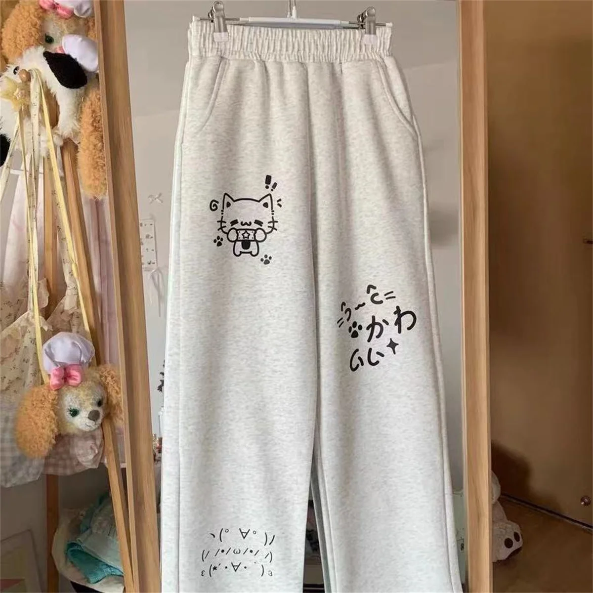 일본 와이드 레그 카고 팬츠 여성 만화 프린트 프레피 스타일 팬탈로네스 무헤르 Y2K 에스테틱 그런지 포켓 조거 팬츠 스웨트팬츠