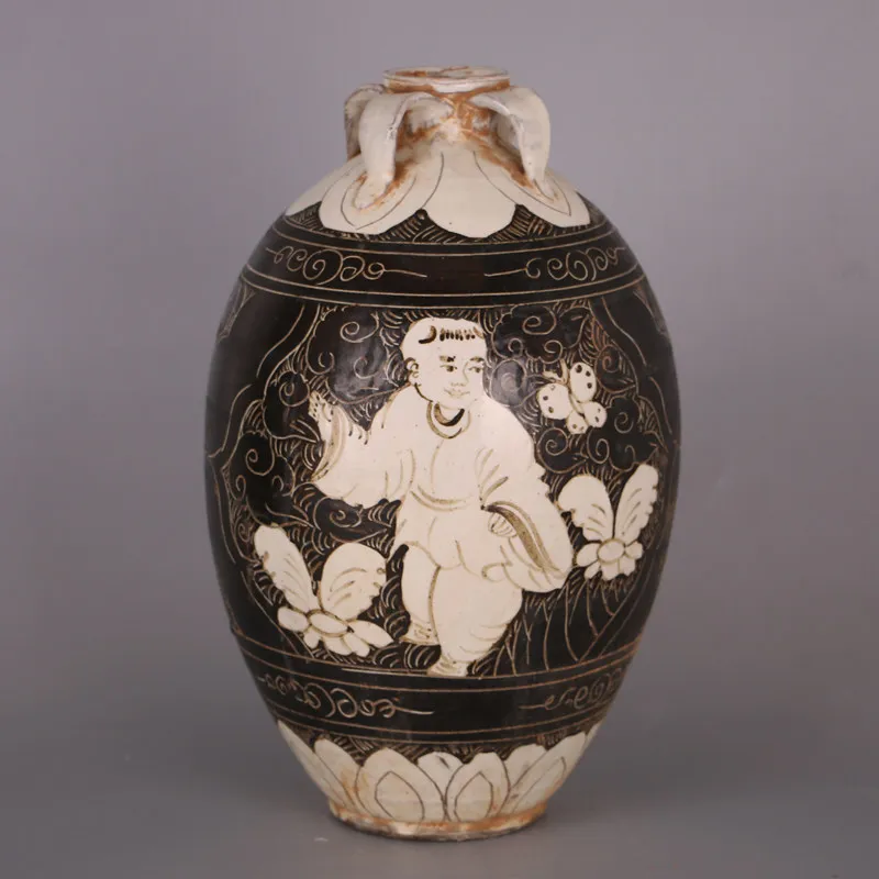 Porcelain Vase Handmade Song Dynasty Style Cizhou Kiln Carved Children Play Pattern Four Loop Home Decor Collection