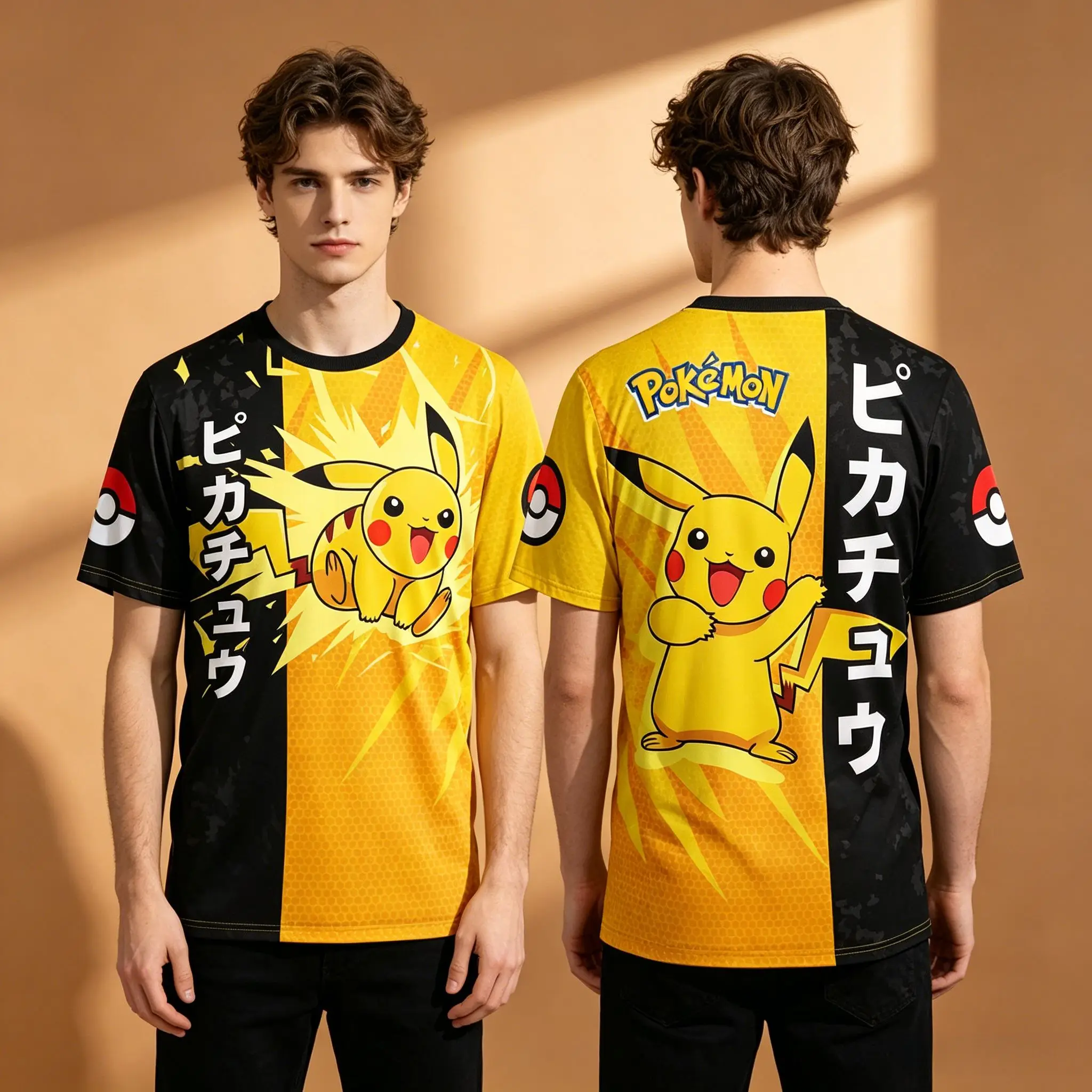 Men's Pokemon Pikachu Split Black Yellow Japanese Pokeball Sleeve Print Crew Neck T-Shirt, Anime Otaku Streetwear Short Sleeve G view 5
