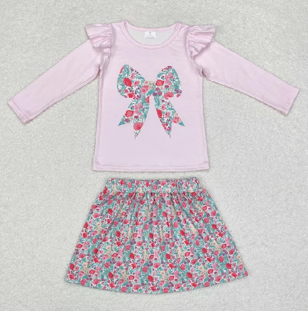 

Little Girl Long Sleeve Shirt With Skirt Outfit Cute Girl Big Bows On Chest Top Flower Dress Clothes Fall