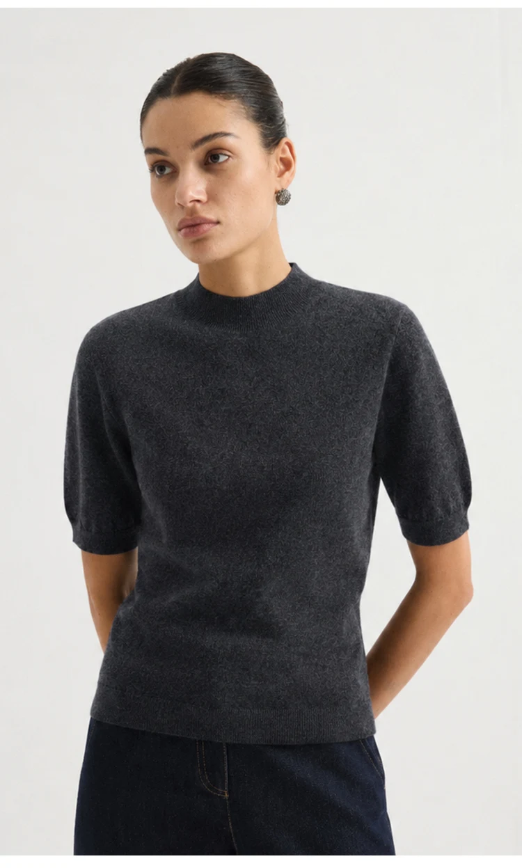 MZ62005 Damen-Strickpullover mit Stehkragen, Kaschmirmischung, Kurzarm, Weicher Strukturierter Pullover für Arbeit und Alltag – Detail 10