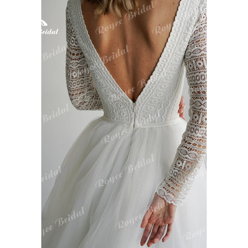 Vestidos de novia bohemios con cuello en V, manga larga, Espalda descubierta, encaje, línea A, red, traje de novia