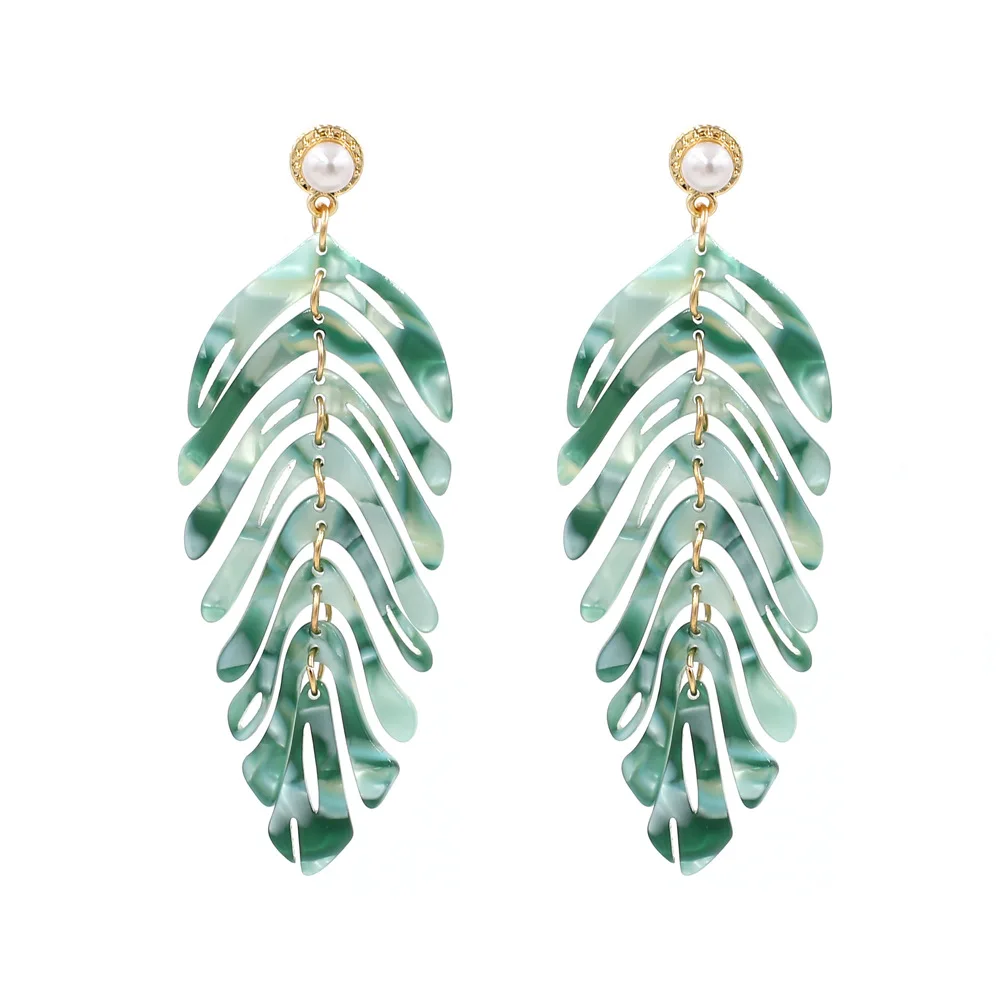 Fashion Jewelry Long Green Mint Palm Sheet Chandelier Dangle Cellulose Acetate Acrylic Resin Leaf Drop Earrings for Women