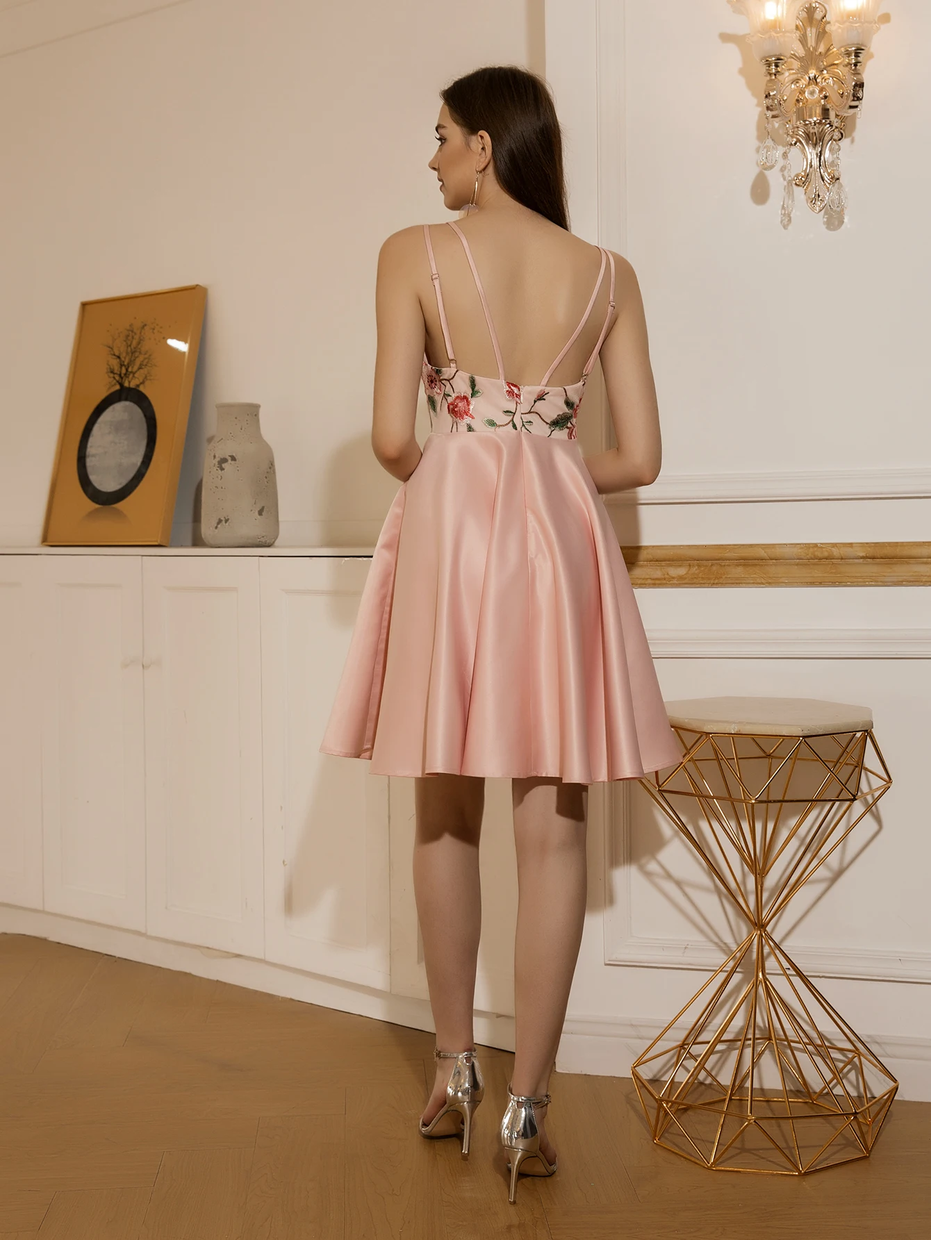 Angel-fashion Women's Floral Embroidered Satin A-Line Dress, Spaghetti Strap Deep V-Neck Fit and Flare Cocktail Party Dress