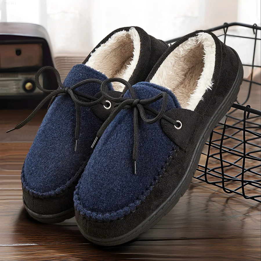 Men Indoor Slippers Patchwork Sewing Memory Foam Fuzzy Warm House Shoes Soft Non-slip Plush Slipper For Winter Luxury