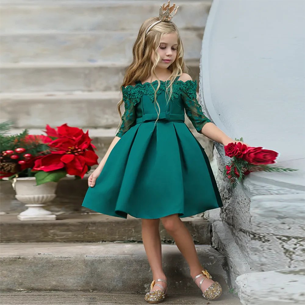 Bonito vestido de flores para niña, traje de satén con cuello de barco de encaje verde, corto, para fiesta de graduación y bodas